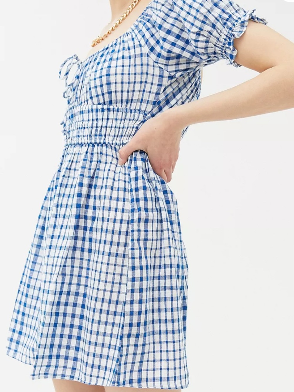 Urban Outfitters Cotton Blue Gingham Puff-Sleeve Pixie Milkmaid Dress Large